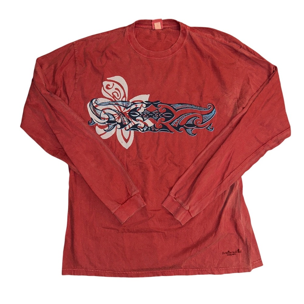 Crazy Shirts Hawaii Mens Large Red Long Sleeve Tribal Floral Graphic T-Shirt